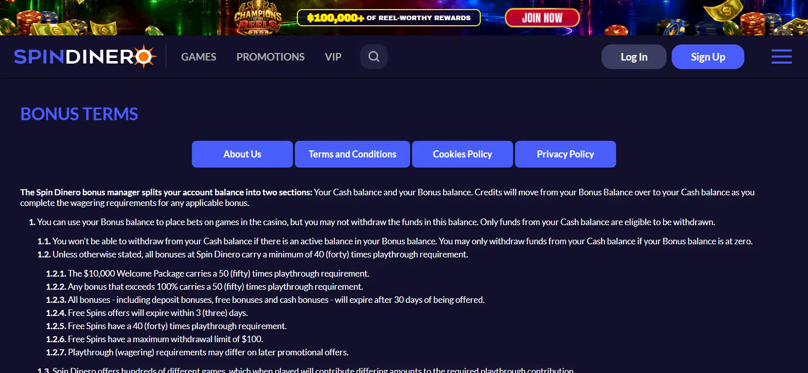 Spin Dinero official bonus terms or promotions page