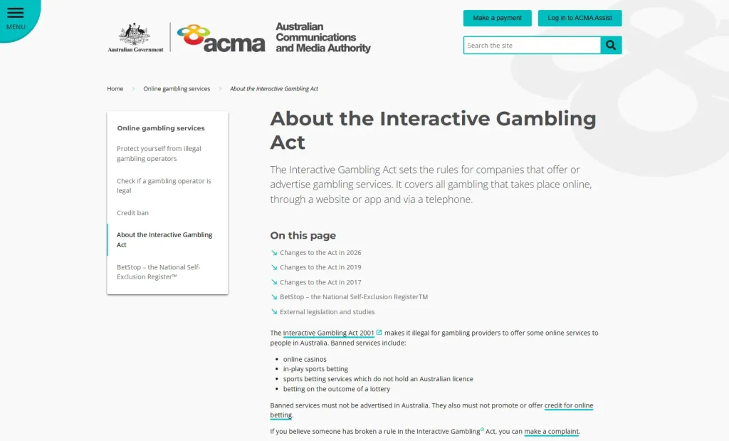ACMA interactive gambling information explaining Australian online gambling rules