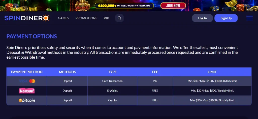 Spin Dinero official banking page showing its currently published deposit methods