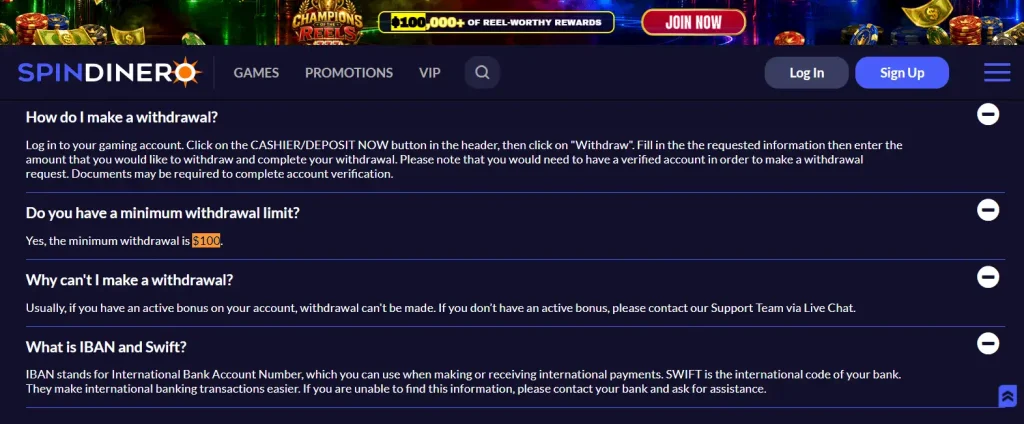 Spin Dinero official FAQ or terms section showing withdrawal and account verification requirements