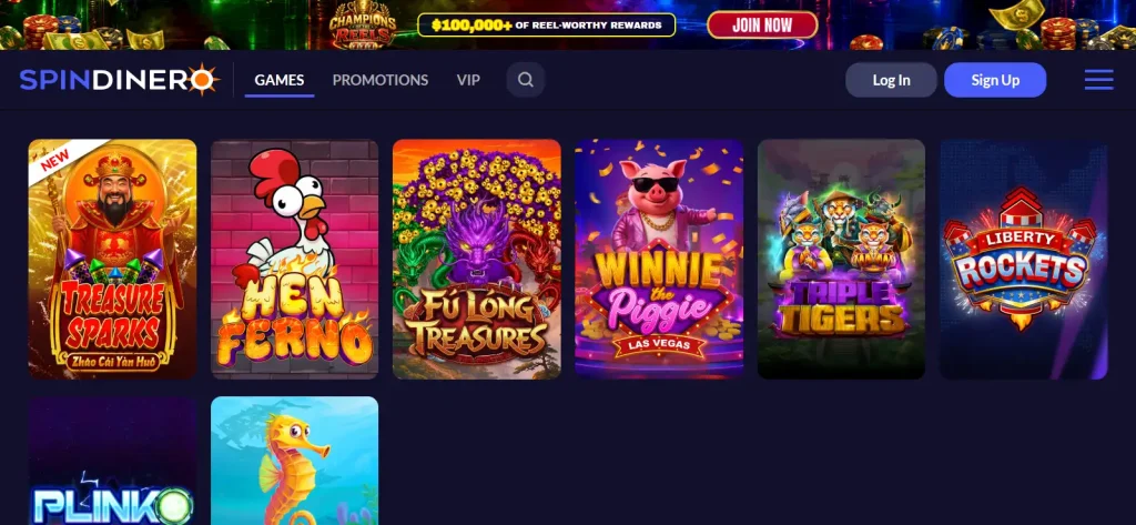 Spin Dinero official game lobby showing its current game categories