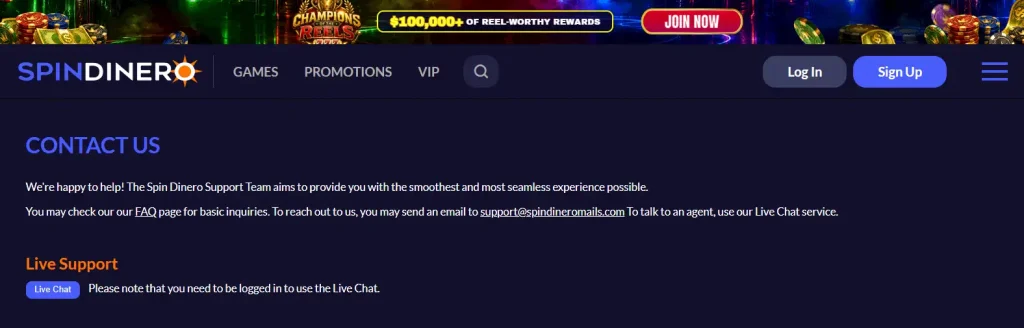Spin Dinero registration, account or support interface shown on the official website